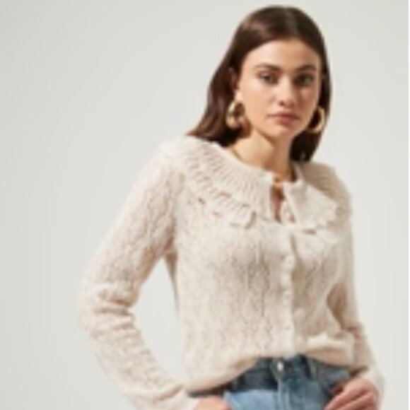 Astr the Label Pointelle Knit Cardigan with Ruffled Collar and Pearl Buttons - Picture 8 of 8